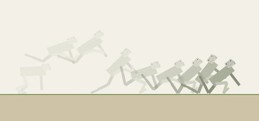 Multiple-exposure drawing of a simulated frog hopping along flat ground