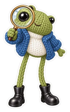 Knitted frog peering through a magnifying glass