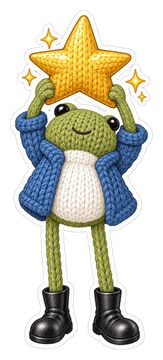 Knitted frog holding a star above its head